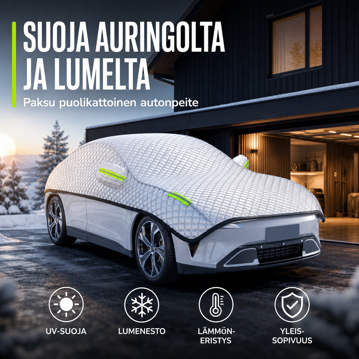 Paksu puolikattoinen autonpeite, suojaa auringolta ja lumelta