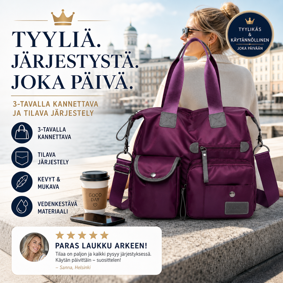 Vedenkestävä kassilaukku – 3-tavalla kannettava ja tilava järjestely