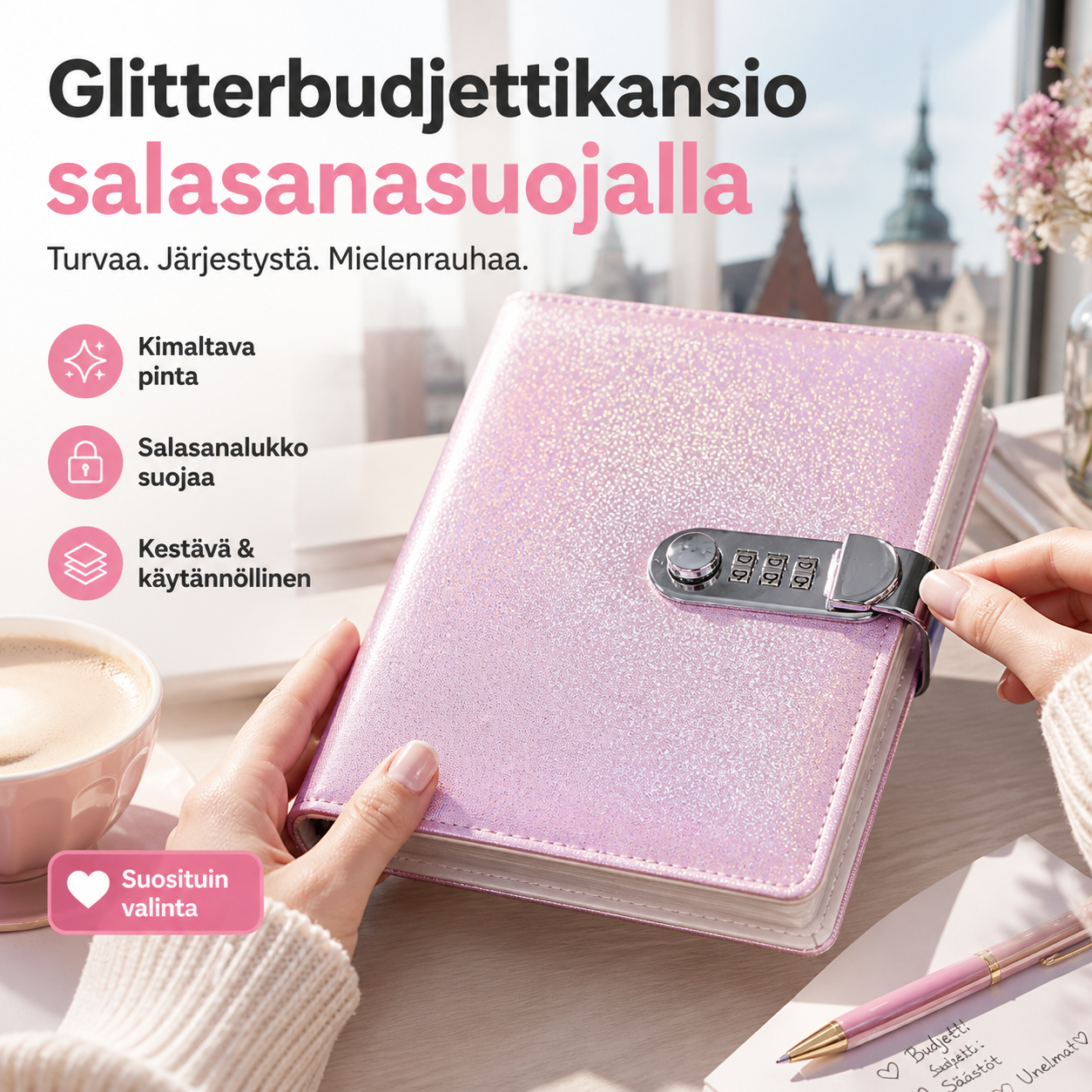 Glitterbudjettikansio salasanasuojalla