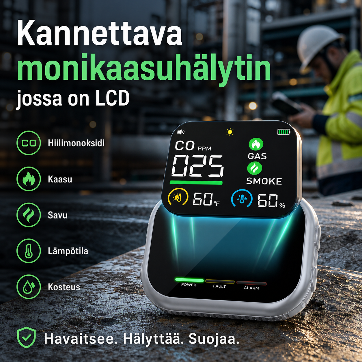 Kannettava monikaasuhälytin, jossa on LCD-näyttö ja varakäyttöakku