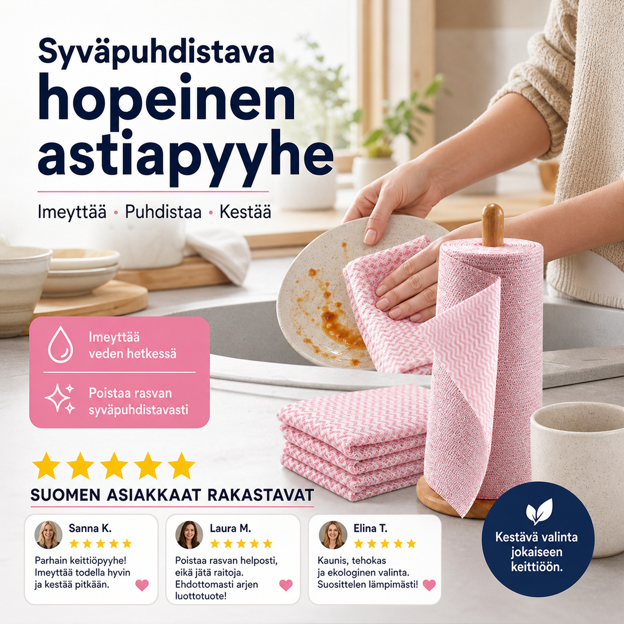 Syväpuhdistava hopeinen astiapyyhe
