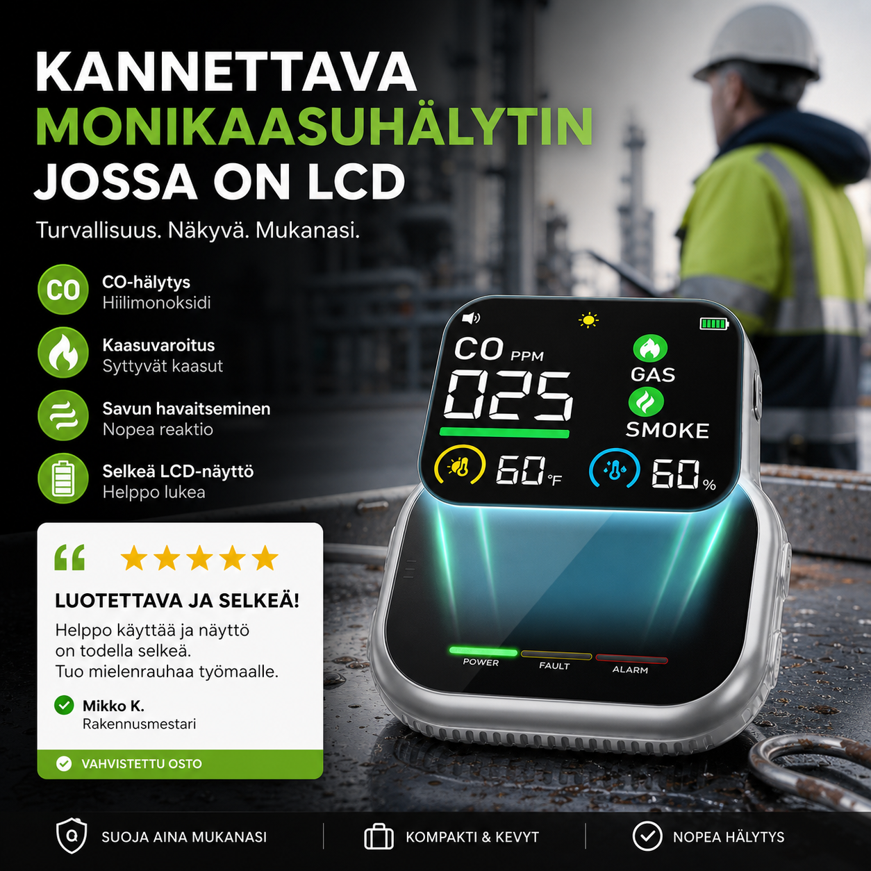 Kannettava monikaasuhälytin, jossa on LCD-näyttö ja varakäyttöakku