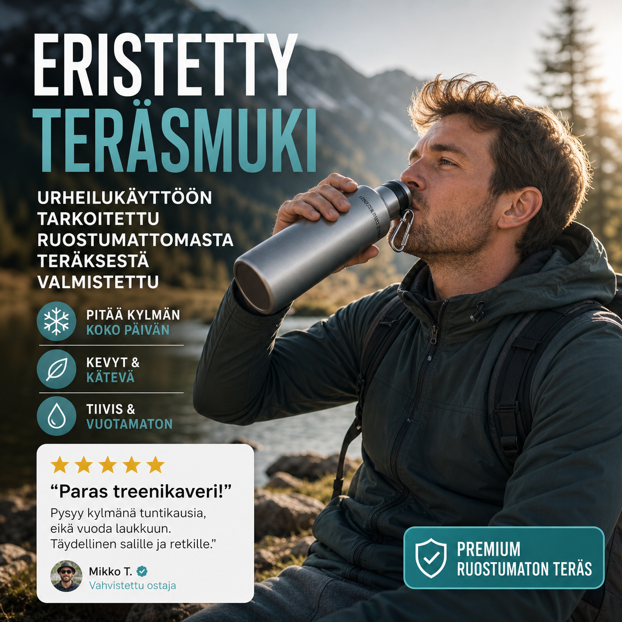 Urheilukäyttöön tarkoitettu ruostumattomasta teräksestä valmistettu eristetty muki