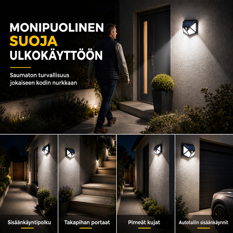 🌙💡 100 LEDin aurinkokäyttöinen seinävalaisin – 120° liiketunnistin, IP65-suojaus ja automaattinen valaistus pihalle ja mökille ☀️