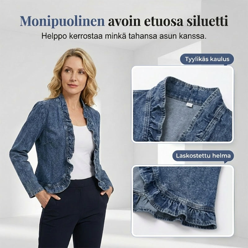 🧥 NYT 50 % ALENNUS! 🌸 Naisten röyhelöreunainen, edestä auki oleva farkkutakki – kevyt ja naisellinen – monipuolinen ja tyylikäs 👗