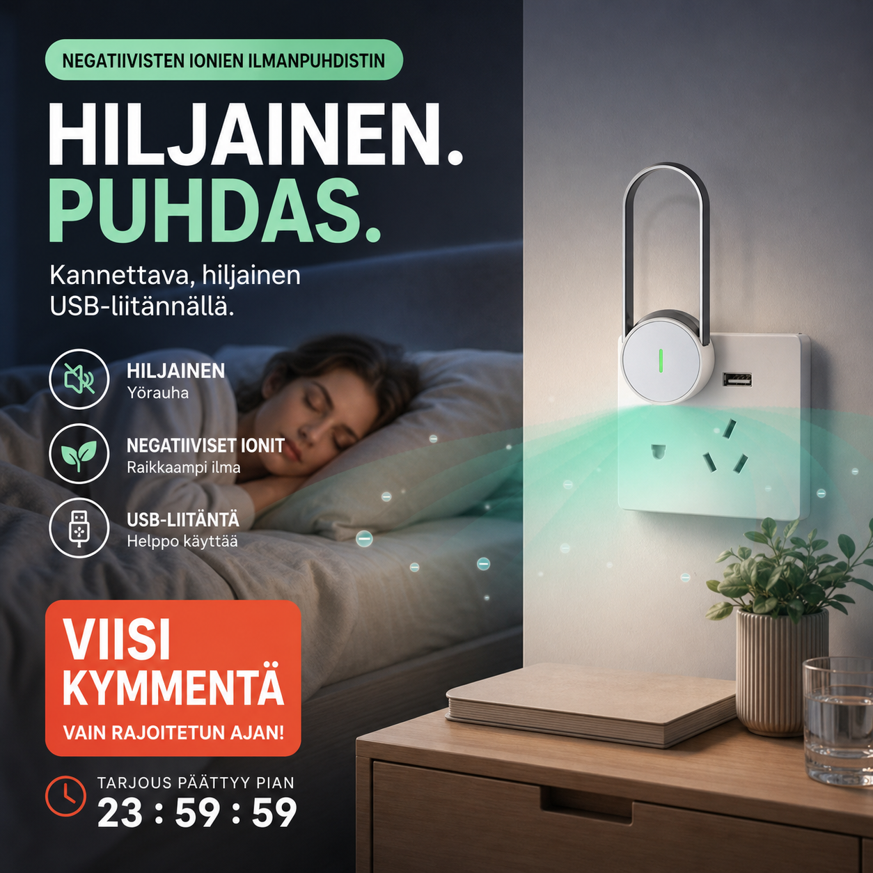 Kannettava, hiljainen USB-liitännällä varustettu negatiivisten ionien ilmanpuhdistin