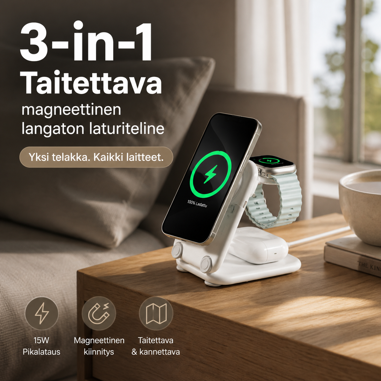 3-in-1 -taitettava magneettinen langaton laturiteline