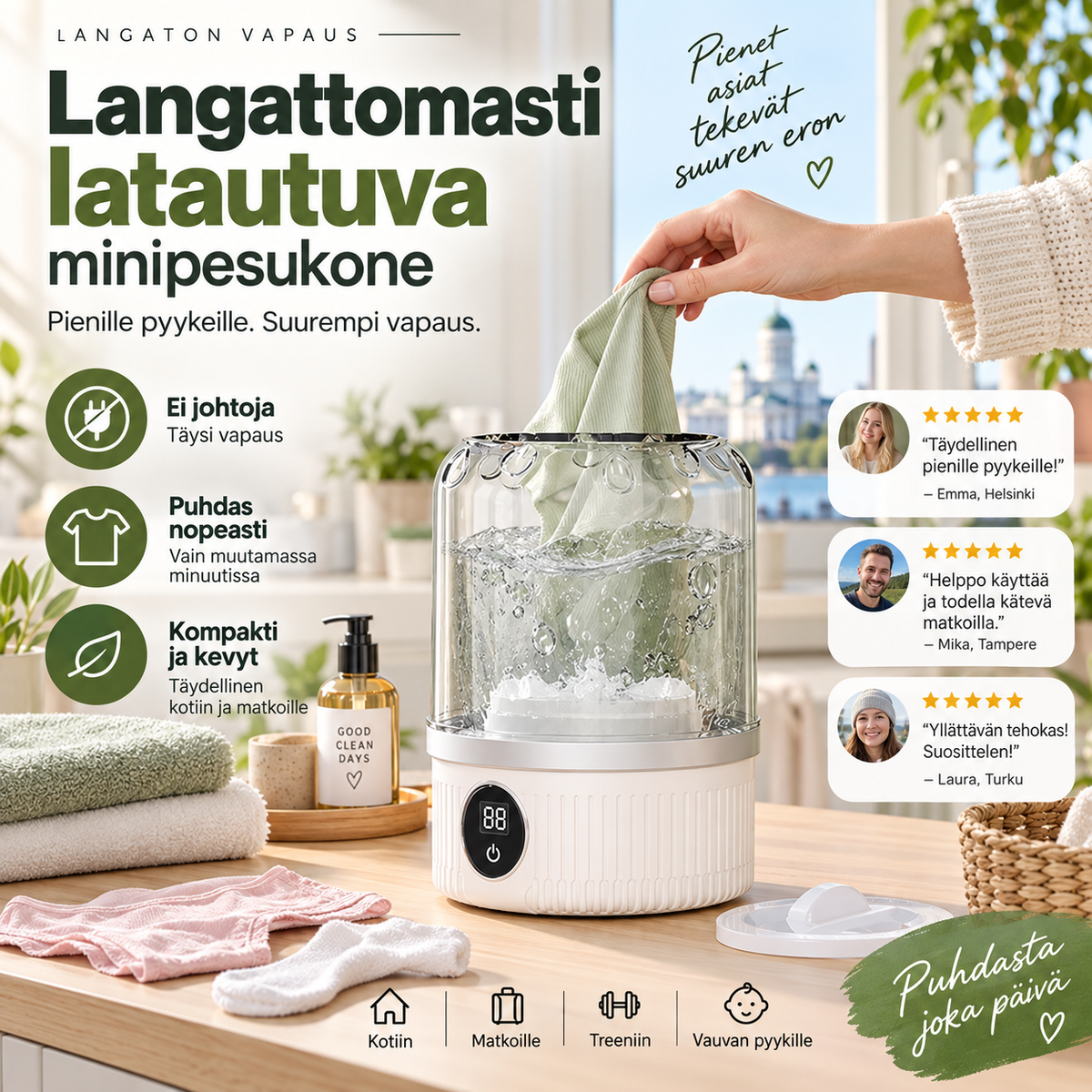 Langattomasti latautuva minipesukone – kätevä ja kompakti pesuratkaisu!