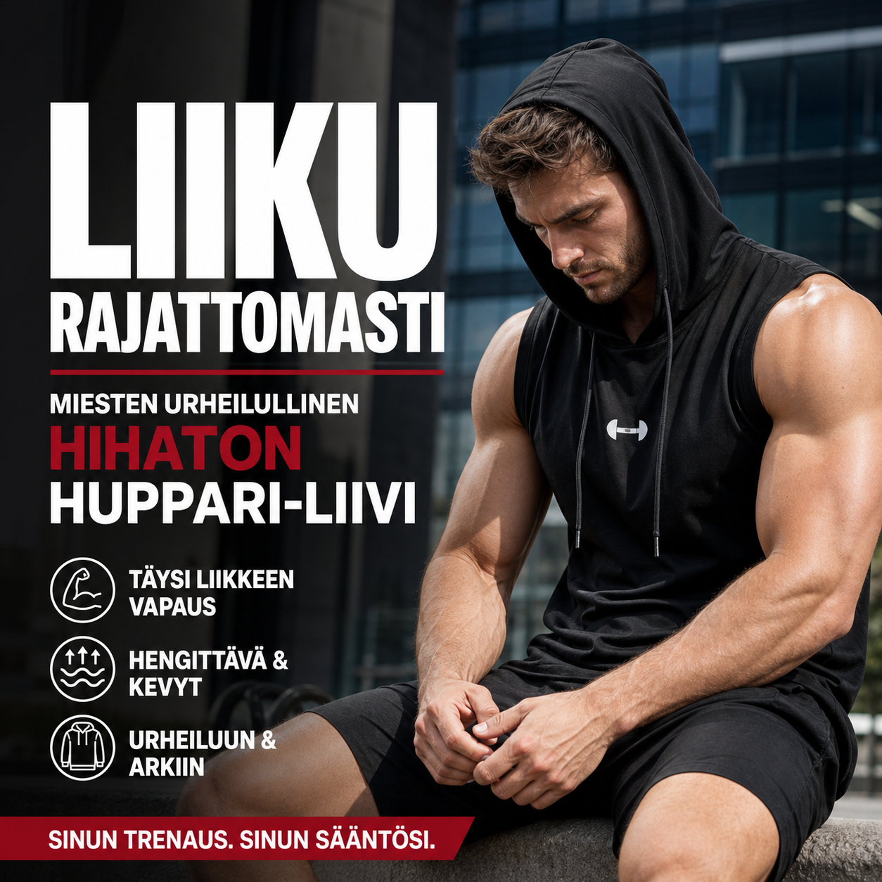 Miesten urheilullinen hihaton huppari-liivi