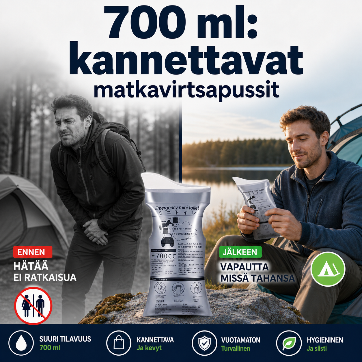 🔥 700 ml:n kannettavat matkavirtsapussit – Ei enää huolta vessasta tien päällä! Vuotamattomat, roiskesuojatut, hajua neutraloivat. Täydelliset pitkille matkoille, retkeilyyn ja hätätilanteisiin. Huomaamattomat ja hygieeniset. 🛣️🧻