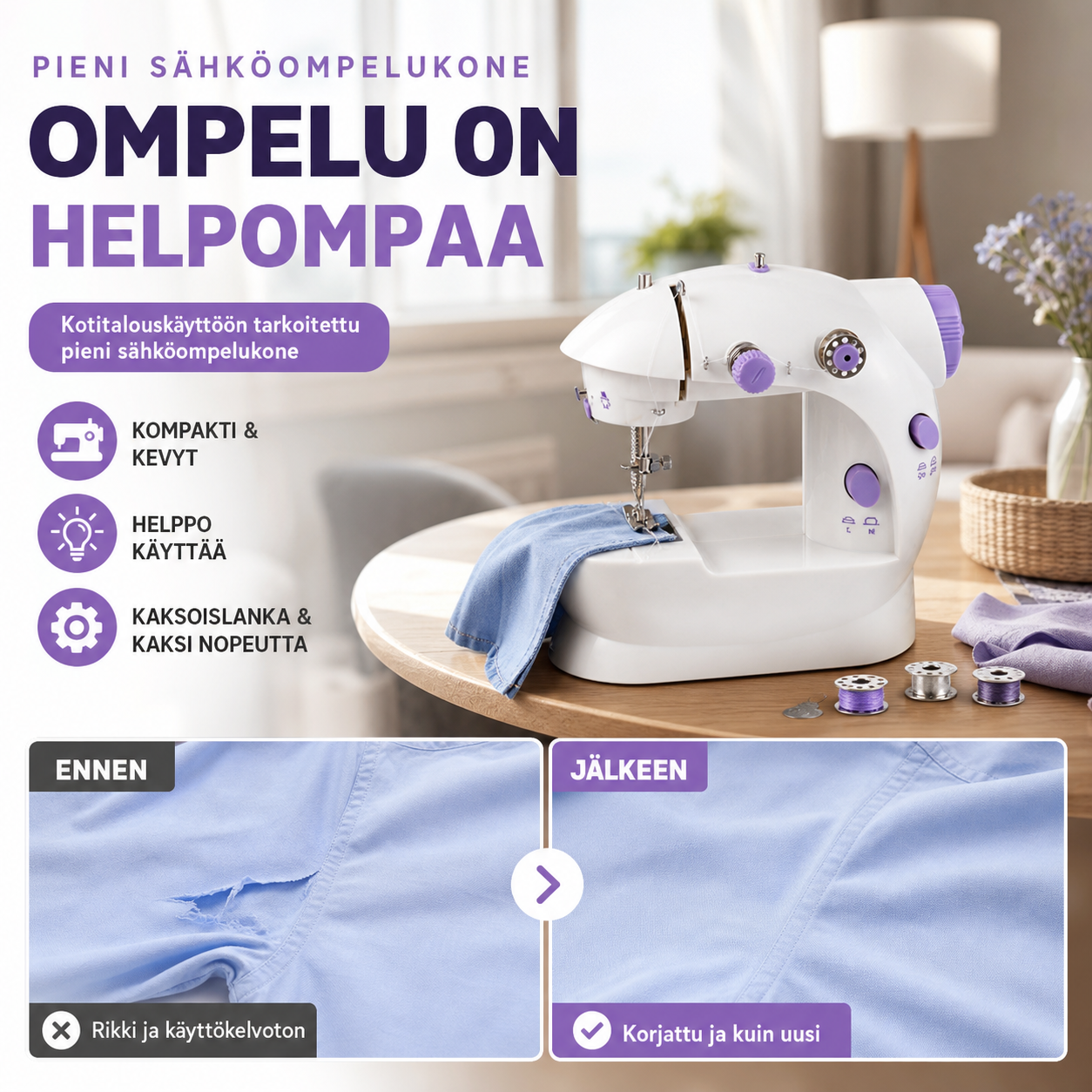 Kotitalouskäyttöön tarkoitettu pieni sähköompelukone