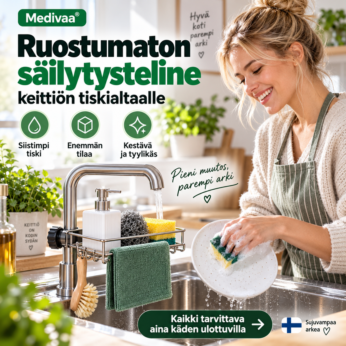Ruostumaton säilytysteline keittiön tiskialtaalle