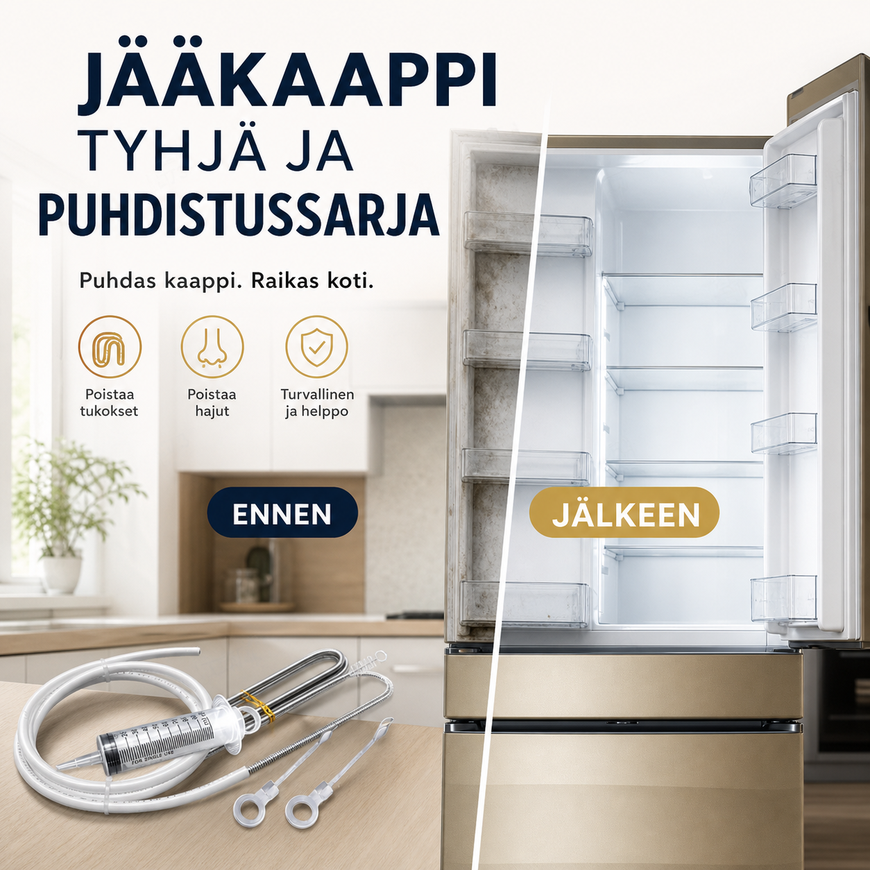 Jääkaappi tyhjä ja puhdistussarja