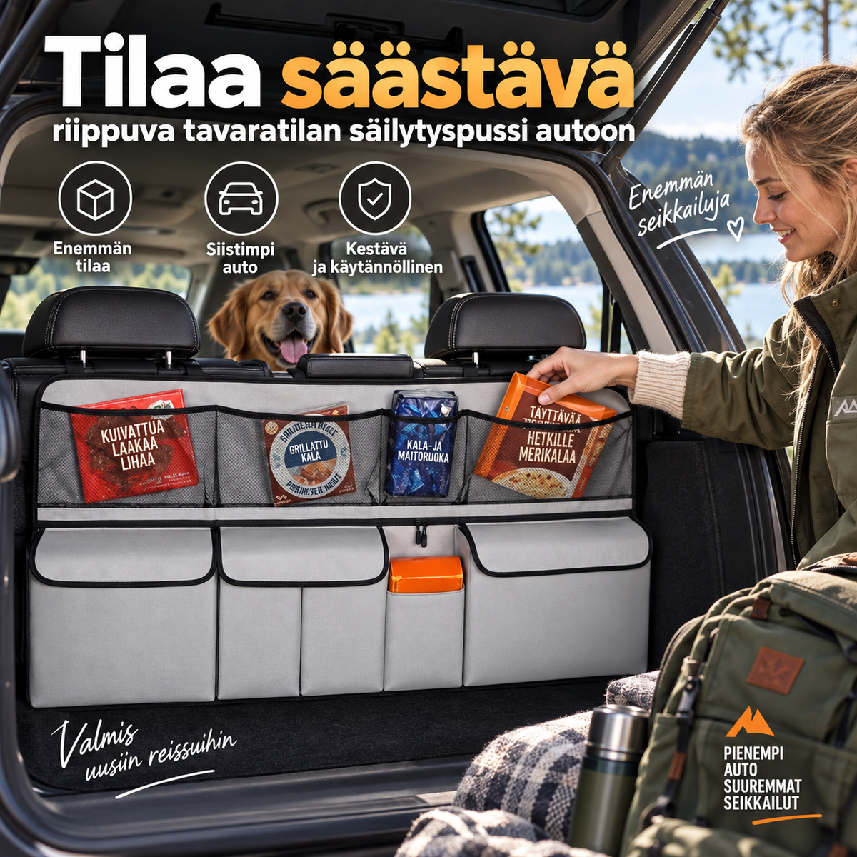 Tilaa säästävä riippuva tavaratilan säilytyspussi autoon