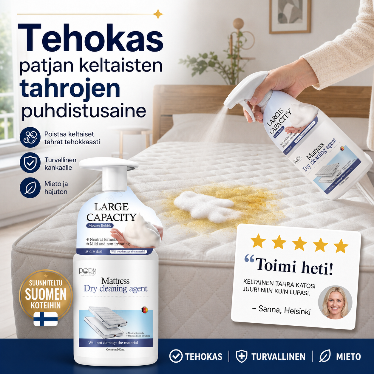 Tehokas patjan keltaisten tahrojen puhdistusaine
