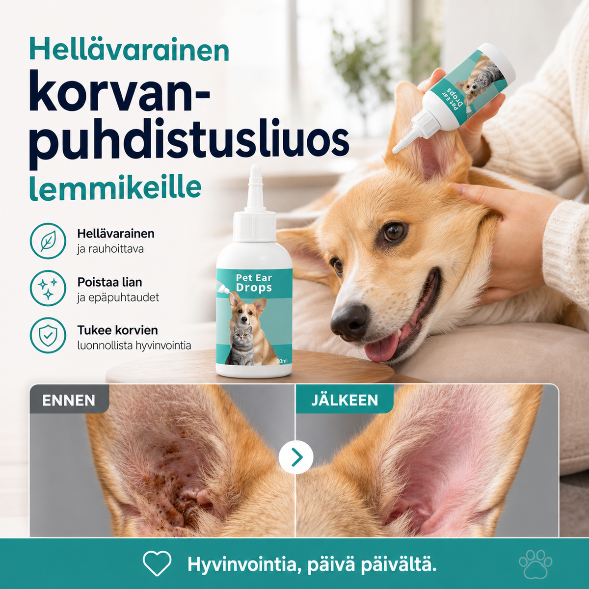 Hellävarainen korvanpuhdistusliuos lemmikeille