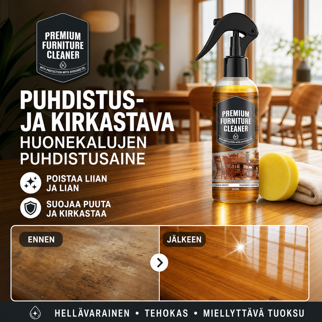 Puhdistus- ja kirkastava huonekalujen puhdistusaine