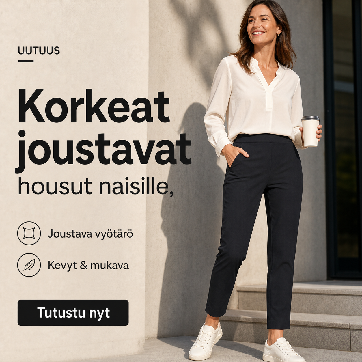 Korkeat joustavat housut naisille, joissa on taskut vetoketjun kanssa