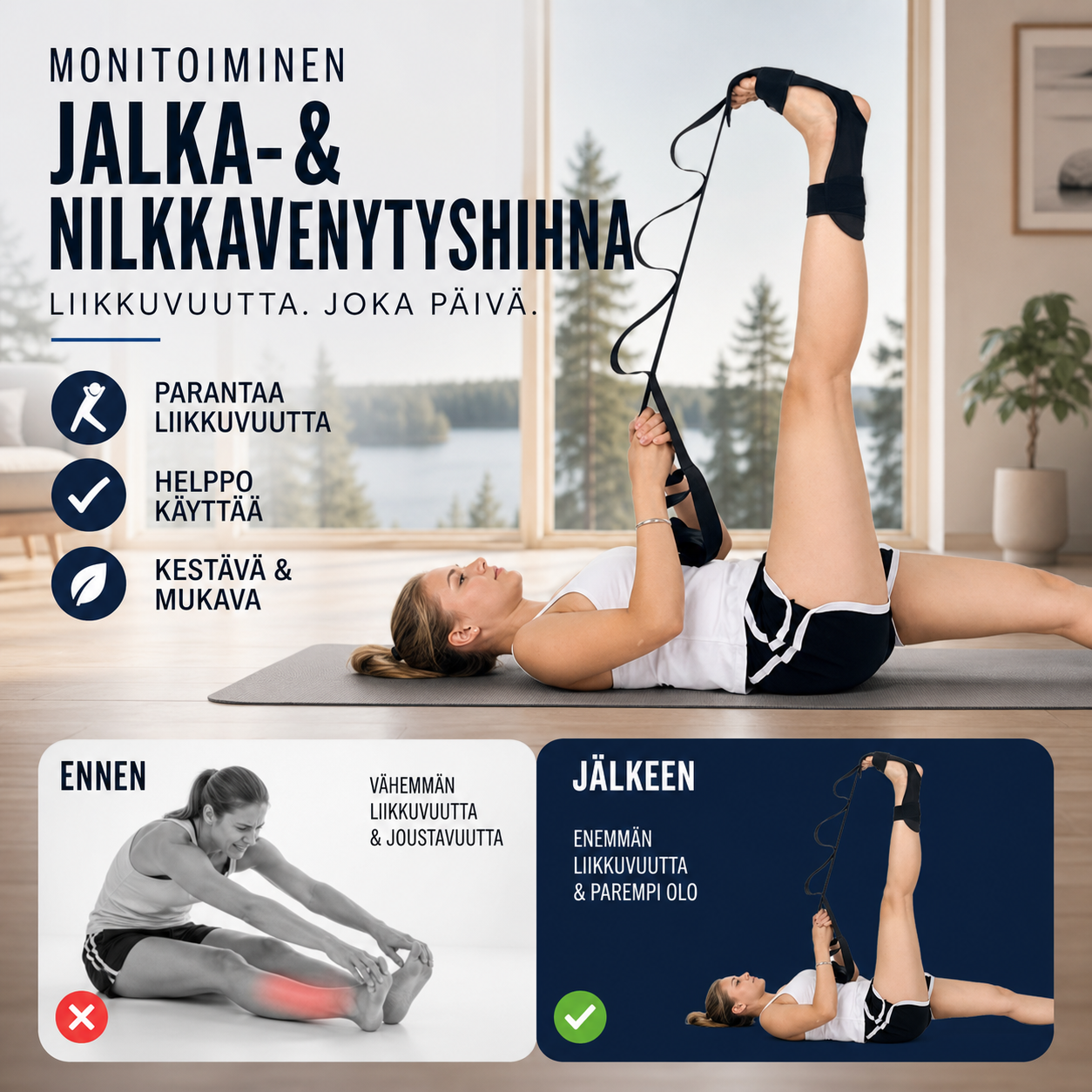 Monitoiminen jalka- ja nilkkavenytyshihna – harjoitteluun ja kuntoutukseen