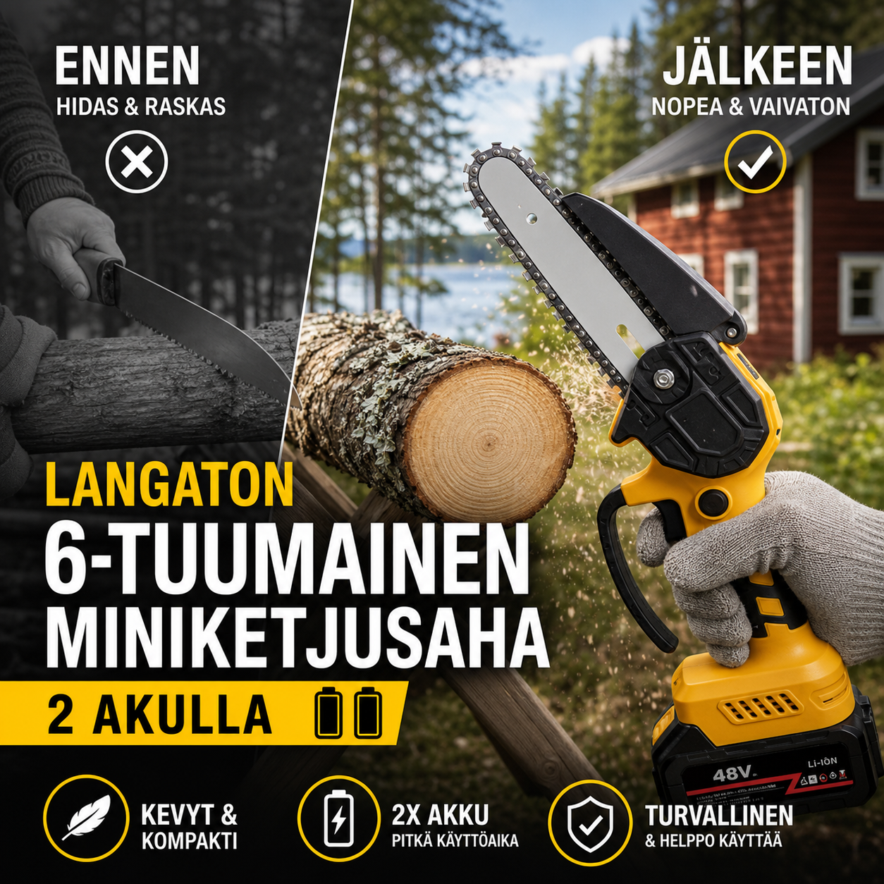 ⚡60 % alennus nyt! 🌳Langaton 6-tuumainen miniketjusaha 1 akulla🌲