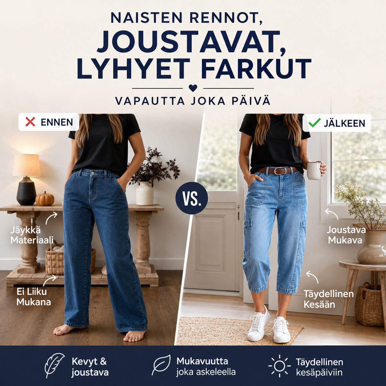 Naisten rennot, joustavat, lyhyet farkut