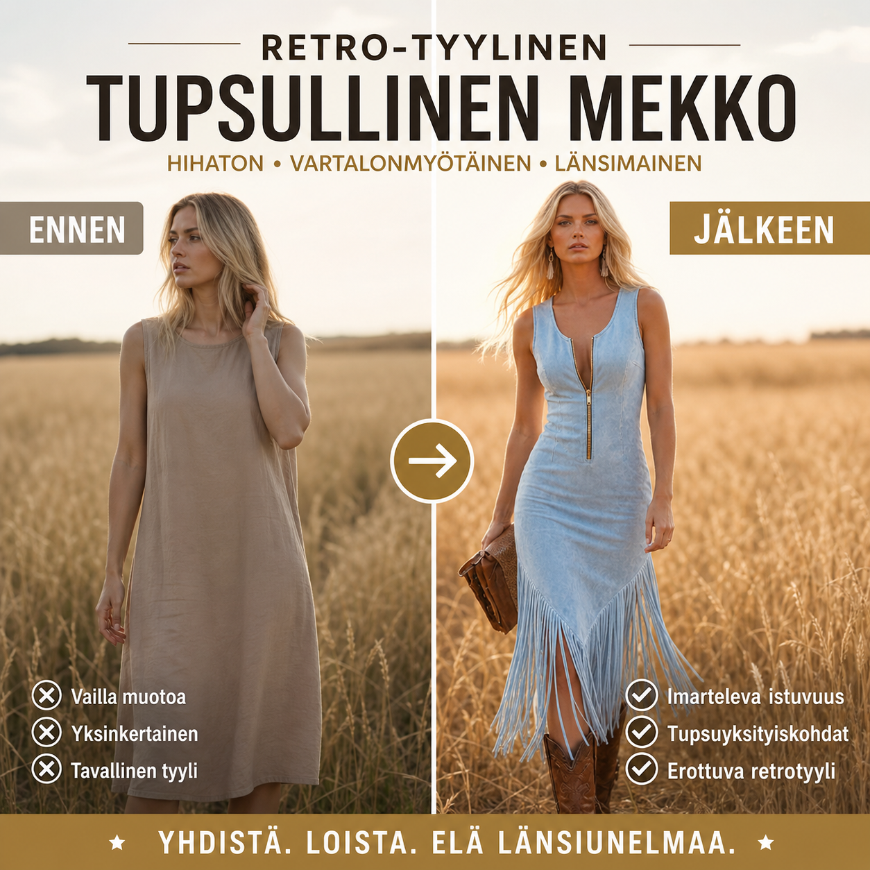 Retro-tyylinen länsimainen tupsullinen hihaton vartalonmyötäinen mekko