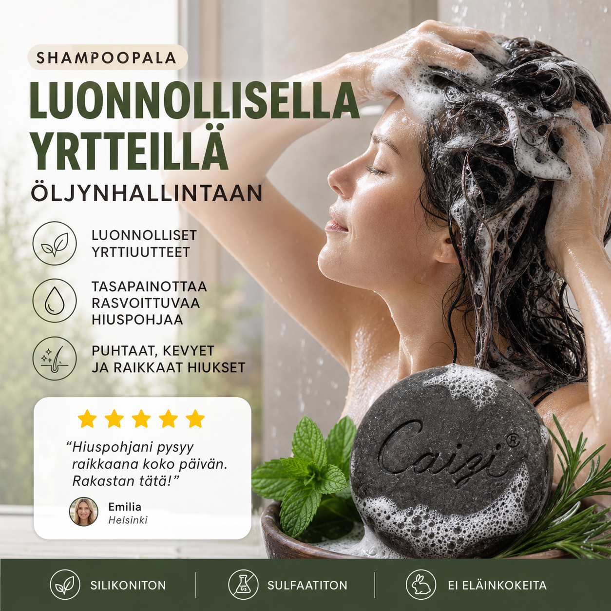 Luonnollisilla yrteillä öljynhallintaan tarkoitettu shampoopala