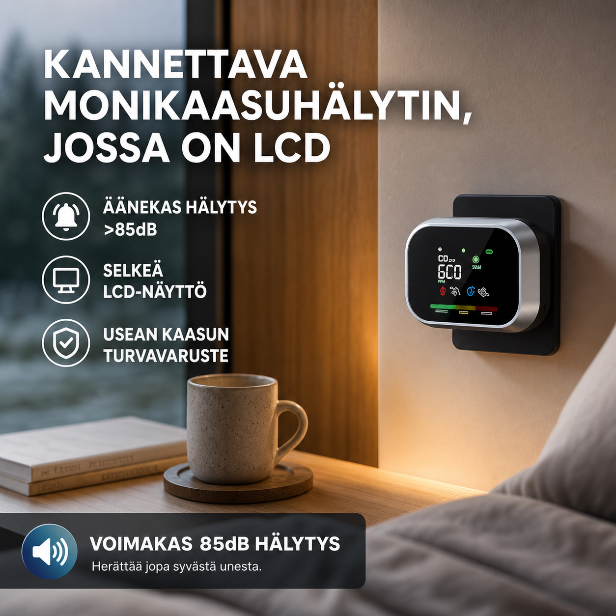 Kannettava monikaasuhälytin, jossa on LCD-näyttö ja varakäyttöakku