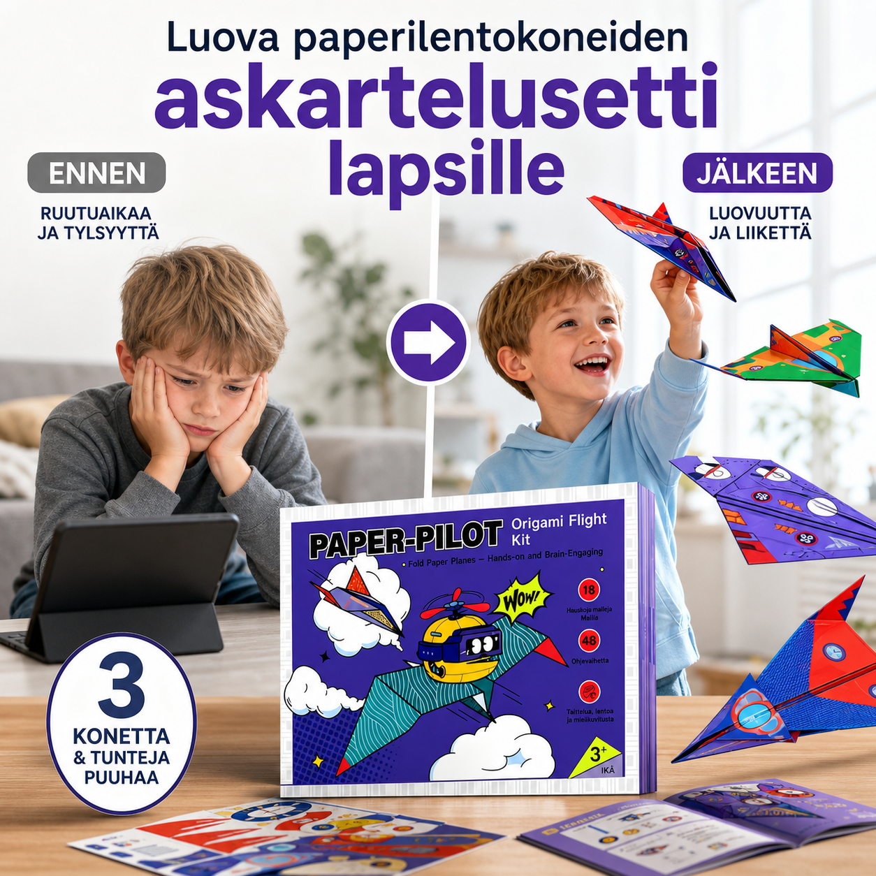 Luova paperilentokoneiden askartelusetti lapsille