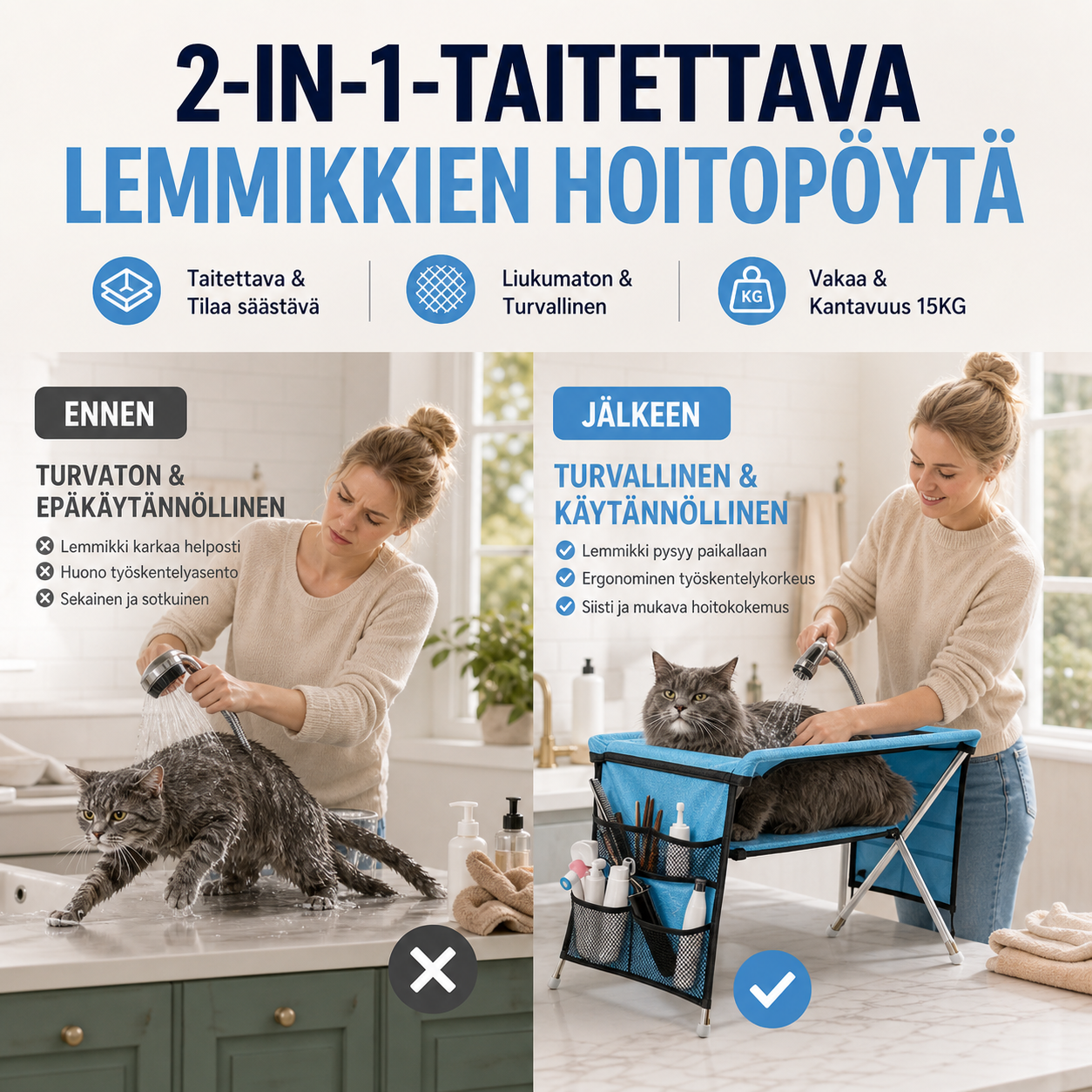 🐱 50 % ALENNUS! 🛏️ 2-in-1-taitettava lemmikkien hoitopöytä – Luistamaton pöytä ja mukava makuualusta – Ihanteellinen harjaukseen, kynsien leikkaamiseen ja päiväunille 💤