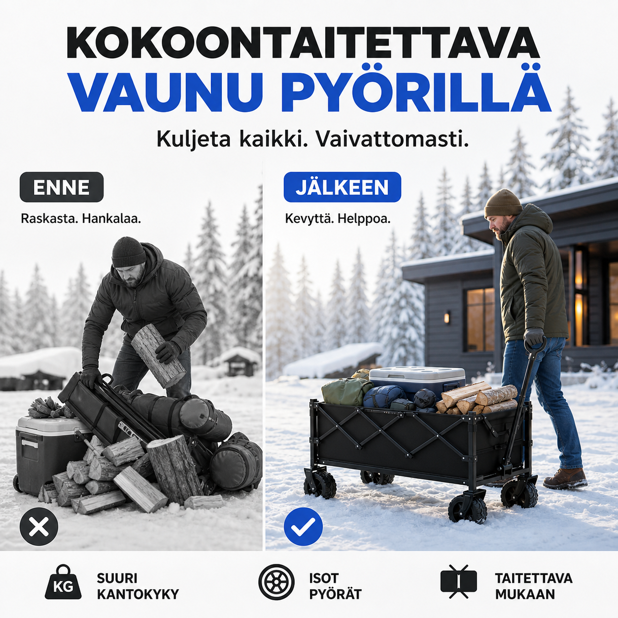 Kokoontaitettava vaunu pyörillä