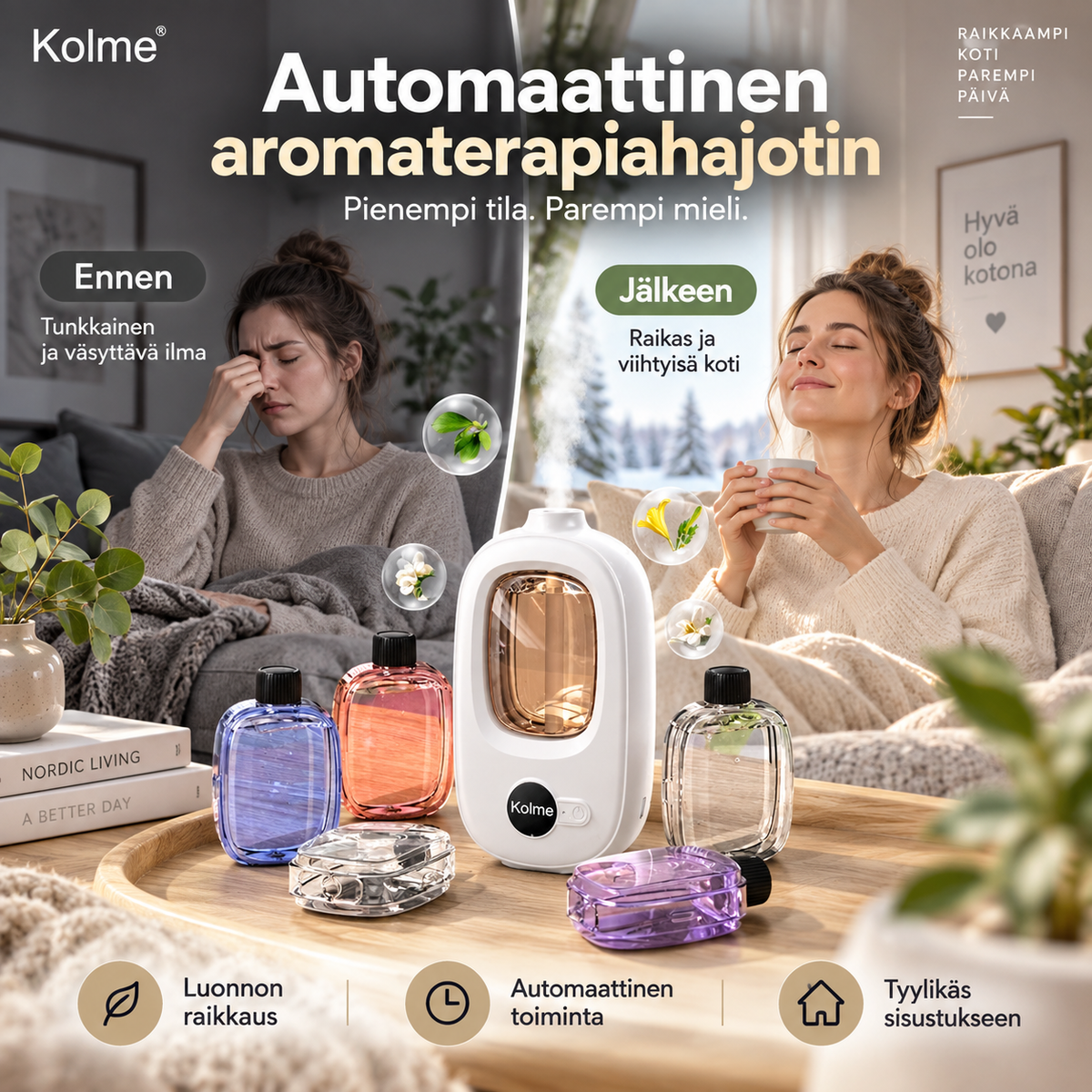 Automaattinen aromaterapiahajotin – raikas tuoksu kotiisi ilman vaivaa!