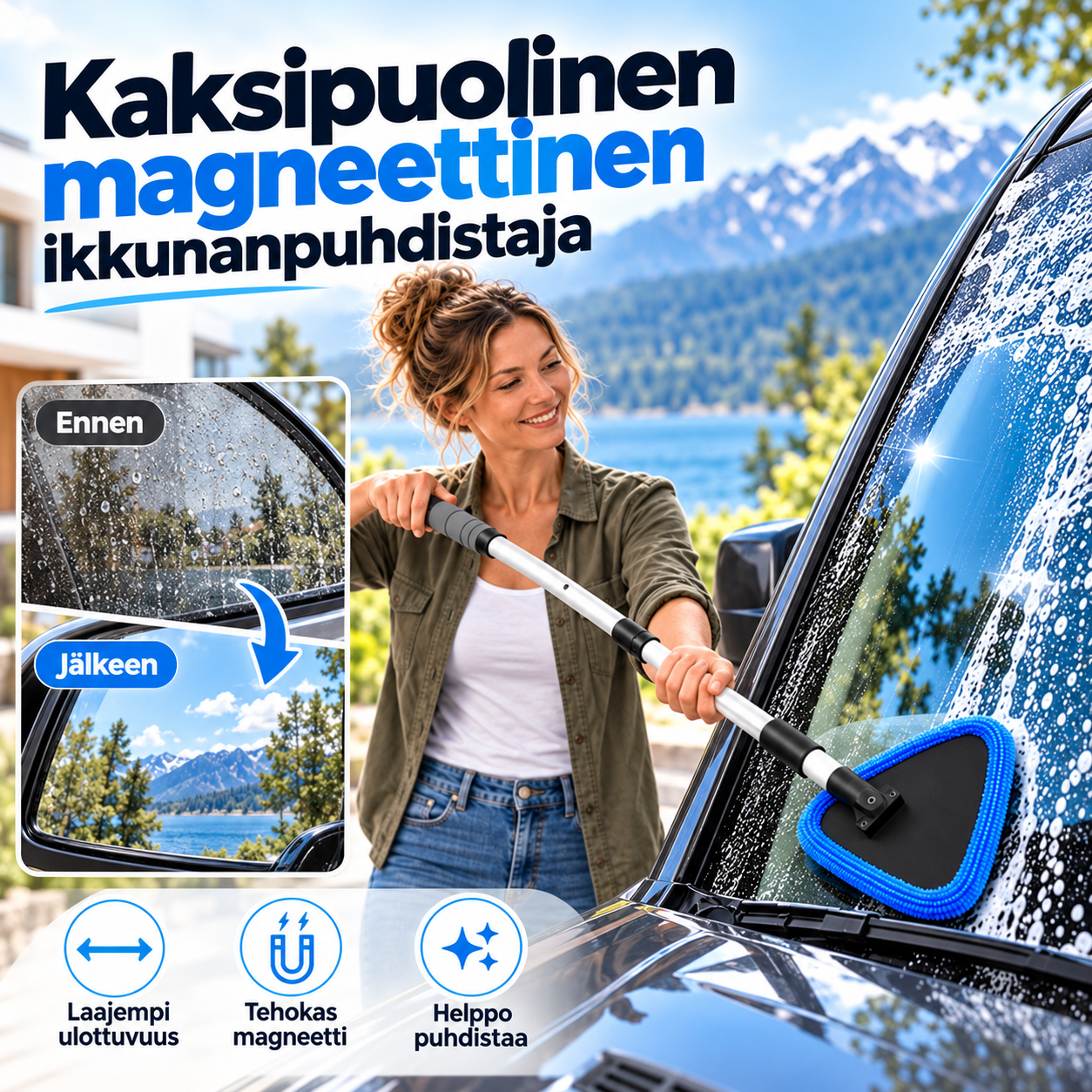 Kaksipuolinen magneettinen ikkunanpuhdistaja – puhdista auton lasit ilman raitoja!