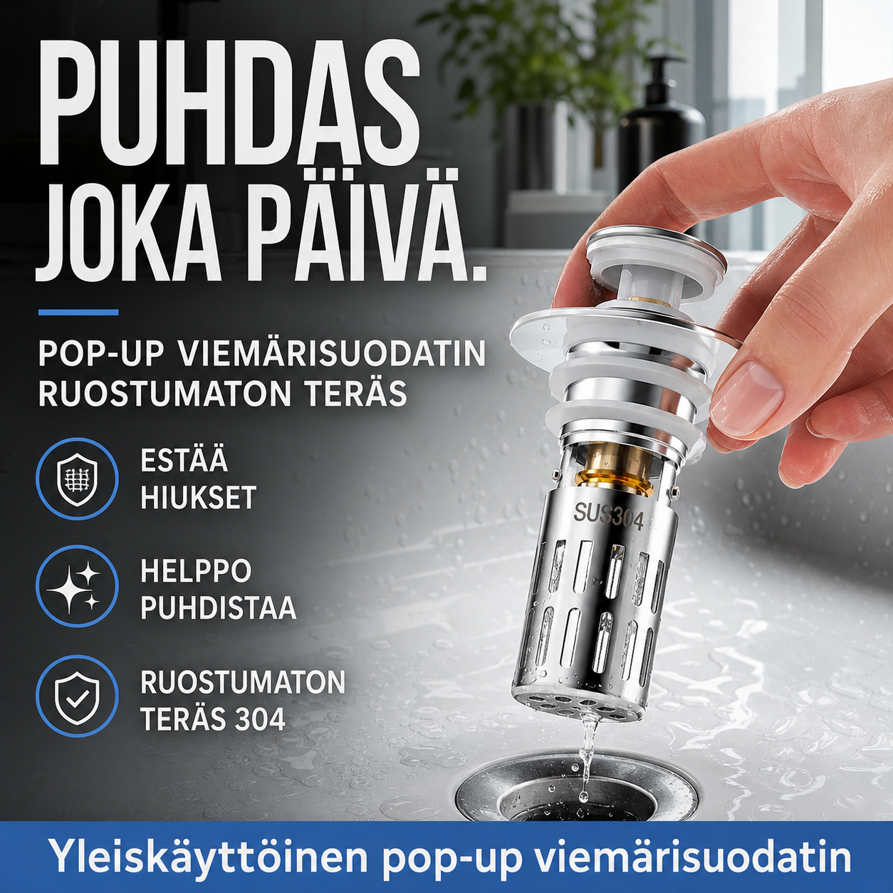 Yleiskäyttöinen ruostumattomasta teräksestä valmistettu pop-up-tyyppinen pesualtaan viemärisuodatin