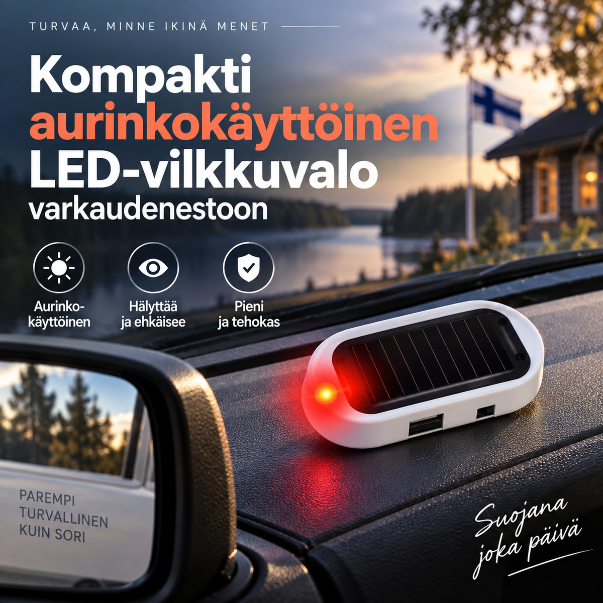 Kompakti aurinkokäyttöinen LED-vilkkuvalo varkaudenestoon