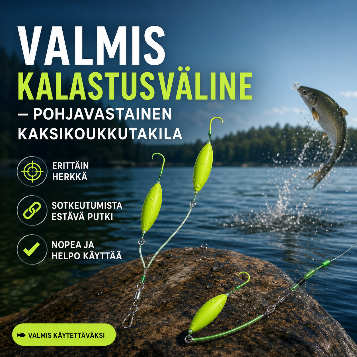Valmis kalastusväline – pohjavastainen kaksikoukkutakila