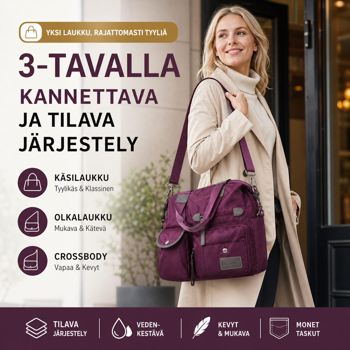 Vedenkestävä kassilaukku – 3-tavalla kannettava ja tilava järjestely