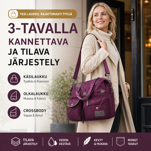 Vedenkestävä kassilaukku – 3-tavalla kannettava ja tilava järjestely
