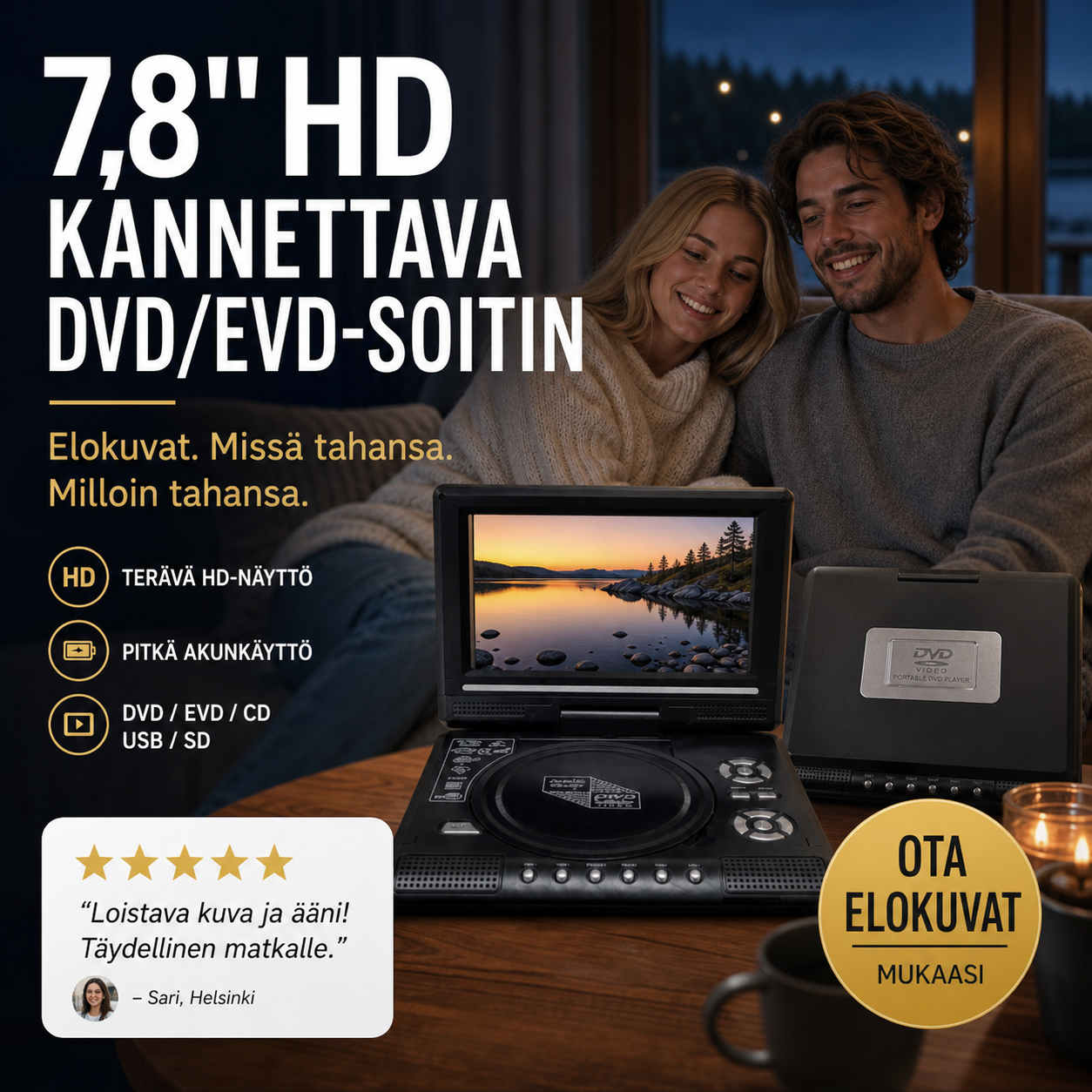 📺 7,8" HD kannettava DVD/EVD-soitin – suuri näyttö, ladattava ja yhteensopiva DVD/CD/USB/SD-korttien kanssa – täydellinen kotiin ja matkalle 🔥 -53%
