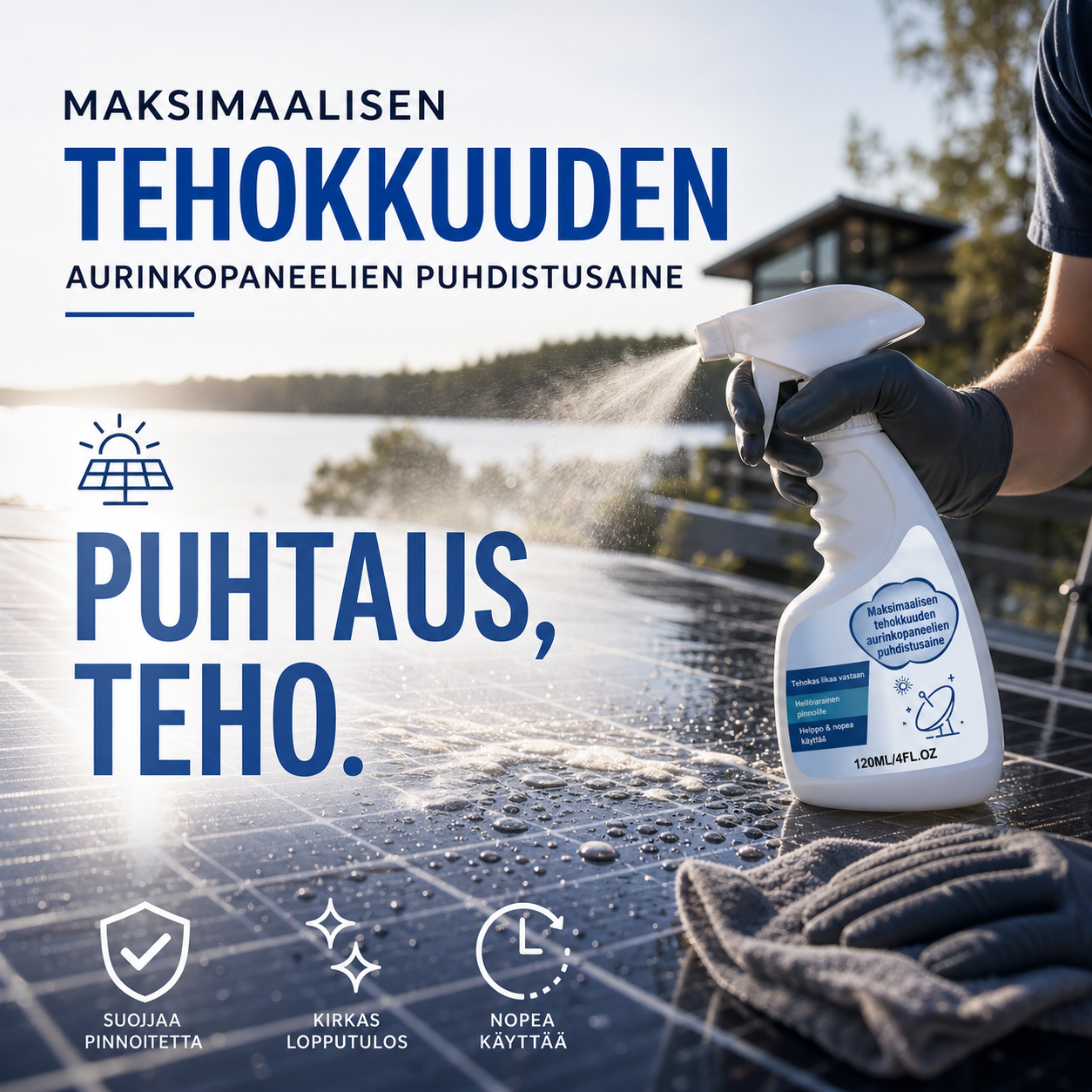 Maksimaalisen tehokkuuden aurinkopaneelien puhdistusaine