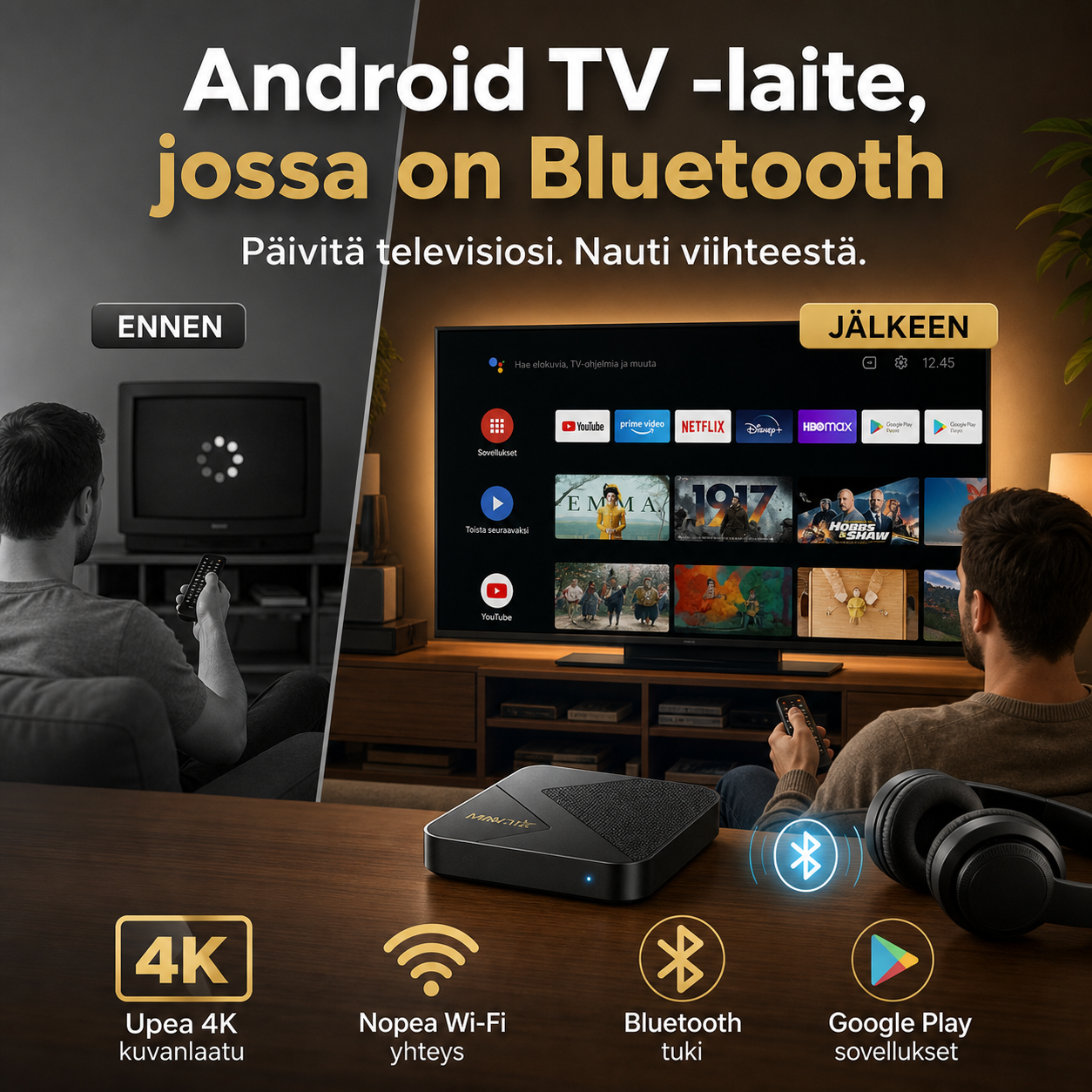 ⏳🔥RAJOITETUN AJAN TARJOUS: 50 % ALENNUS! Android TV -laite, jossa on Bluetooth
