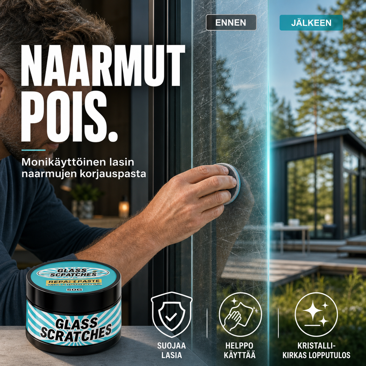 Monikäyttöinen lasin naarmujen korjauspasta
