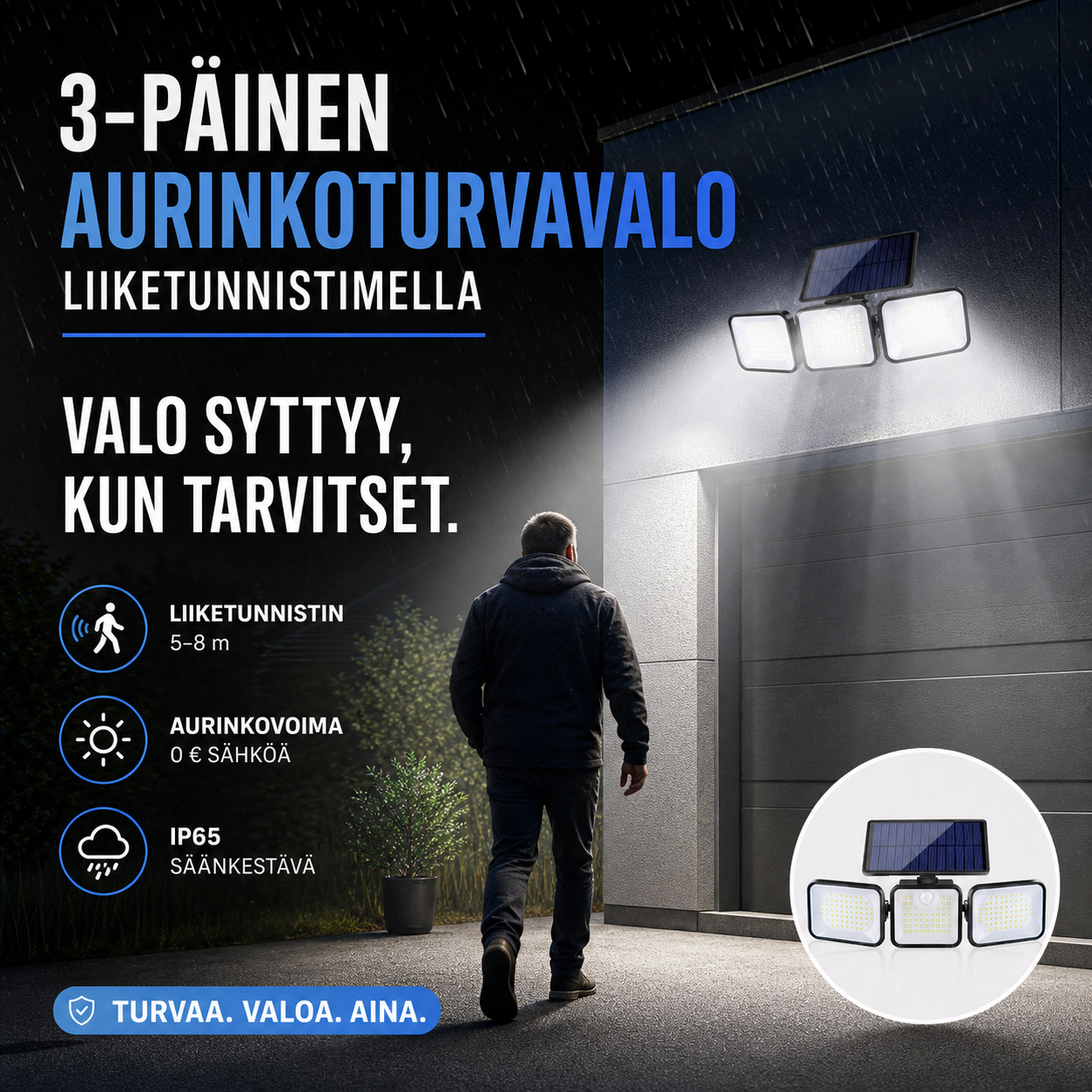 3-päinen aurinkoturvavalo liiketunnistimella