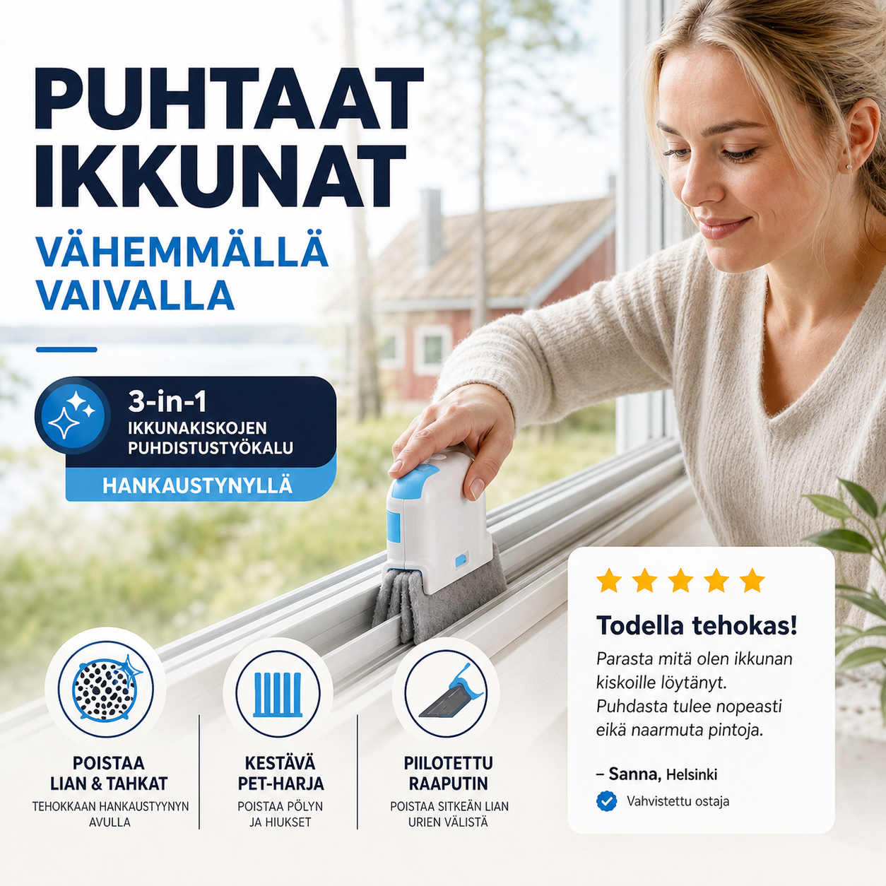 3-in-1-ikkunakiskojen puhdistustyökalu, jossa on hankaustyyny
