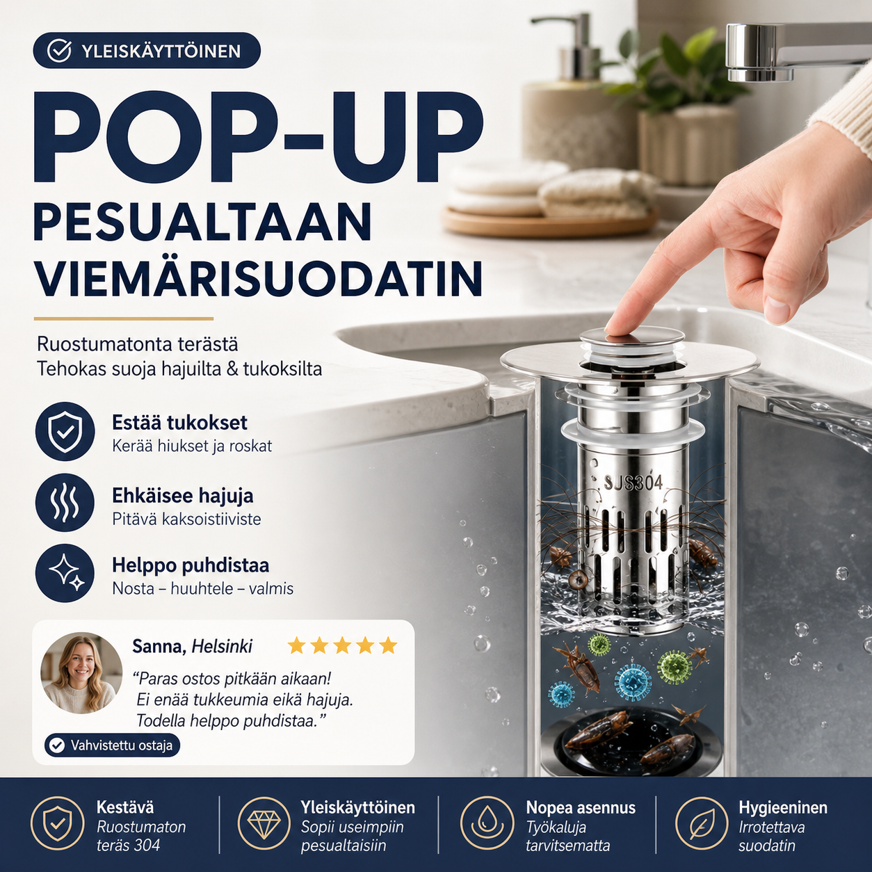 Yleiskäyttöinen ruostumattomasta teräksestä valmistettu pop-up-tyyppinen pesualtaan viemärisuodatin