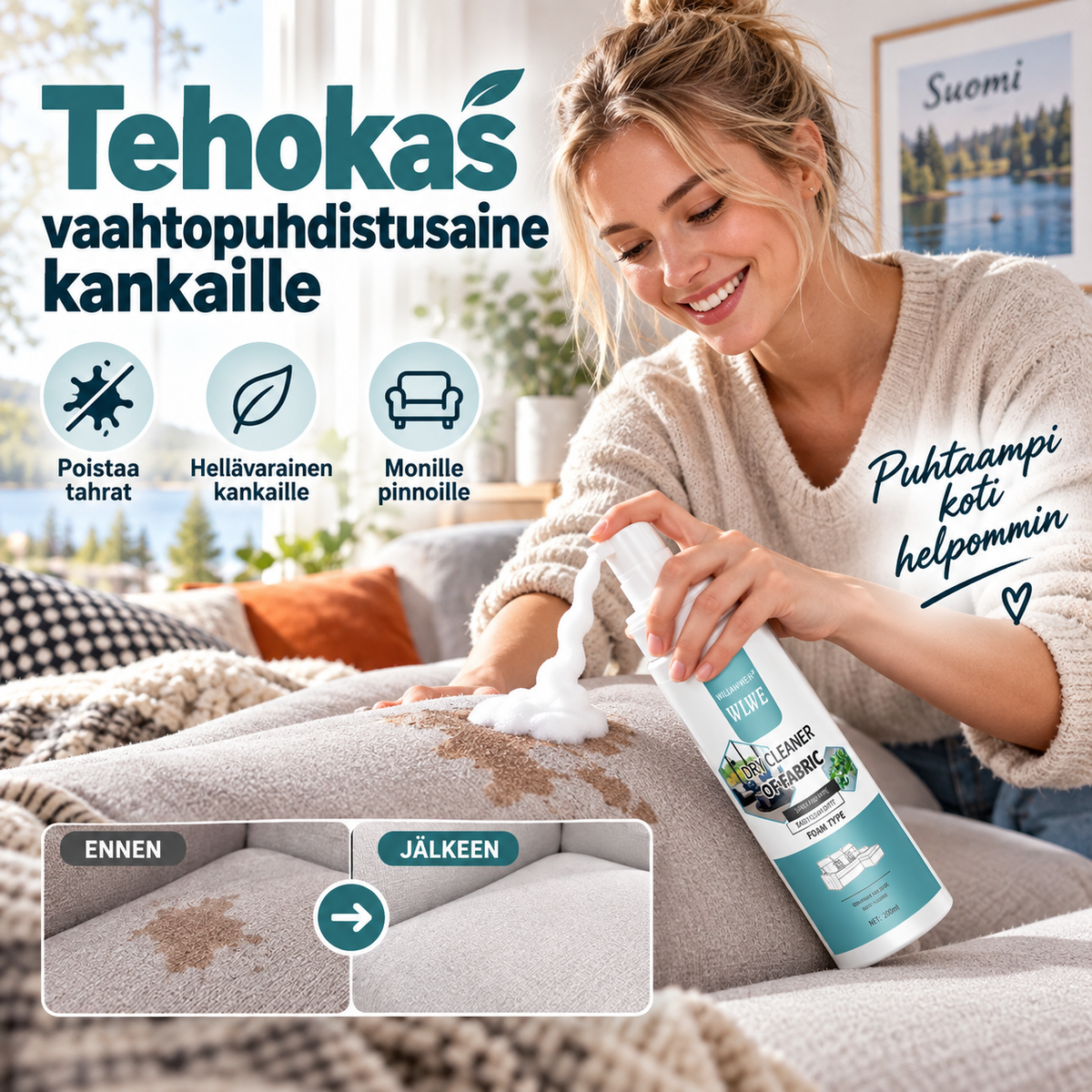 Tehokas vaahtopuhdistusaine kankaille
