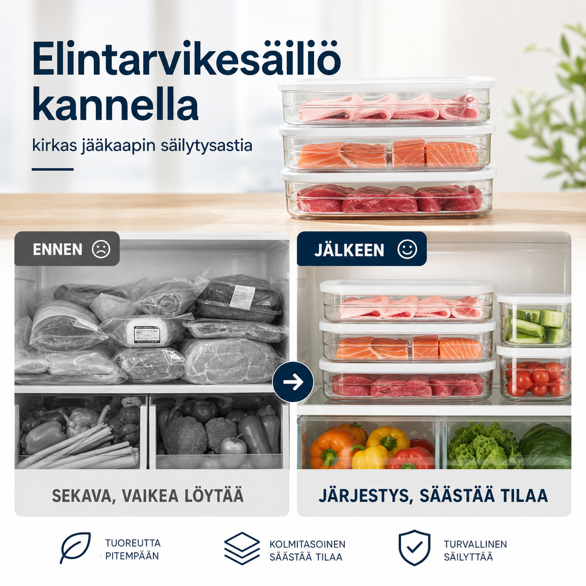 Elintarvikesäiliö kannella – kirkas jääkaapin säilytysastia
