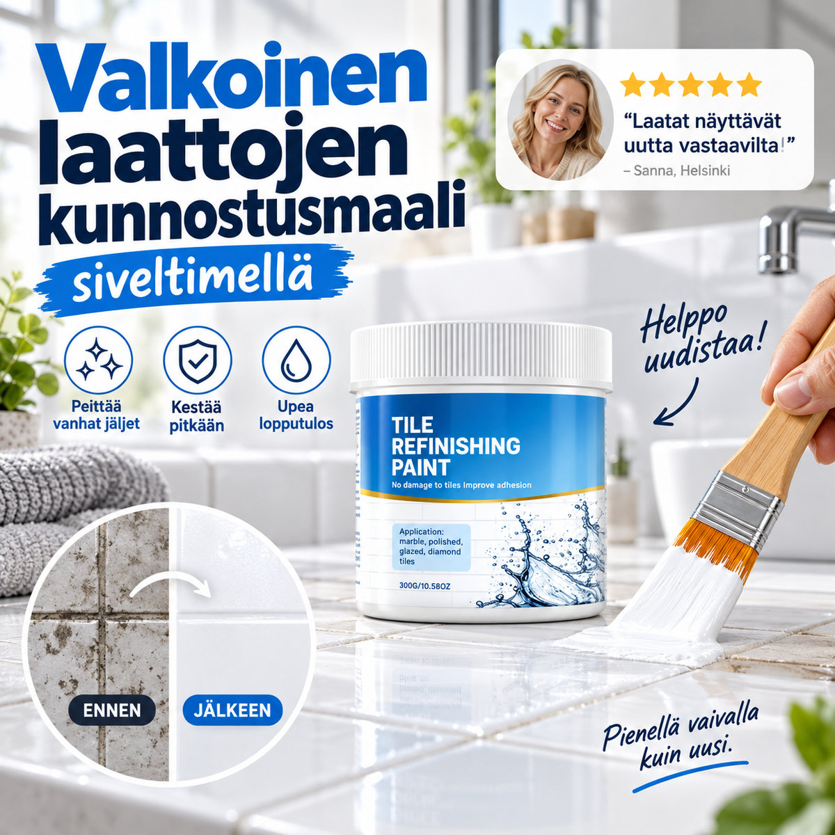 Valkoinen laattojen kunnostusmaali siveltimellä