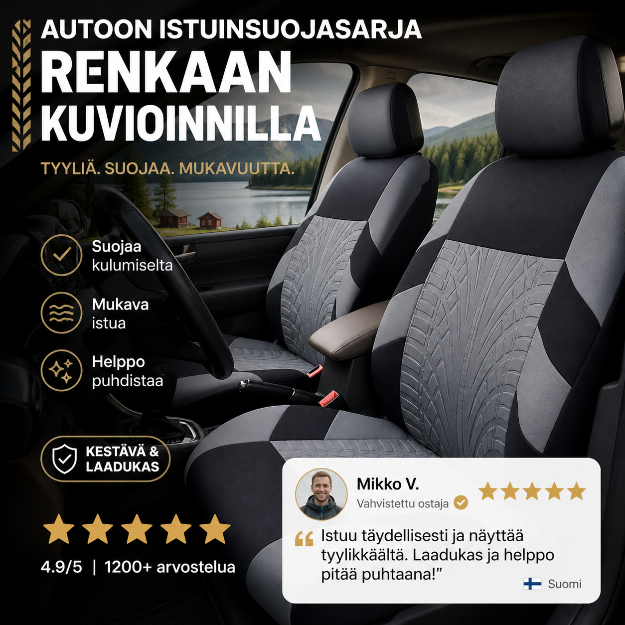Auton istuinsuojasarja renkaan kuvioinnilla