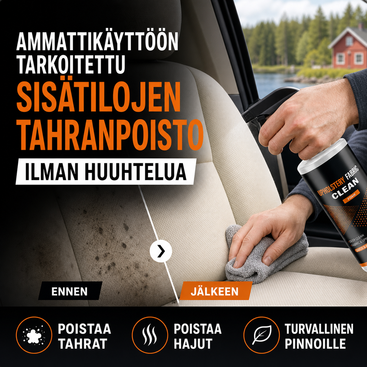 Ammattikäyttöön tarkoitettu, huuhtelematon auton sisätilojen tahranpoistoaine